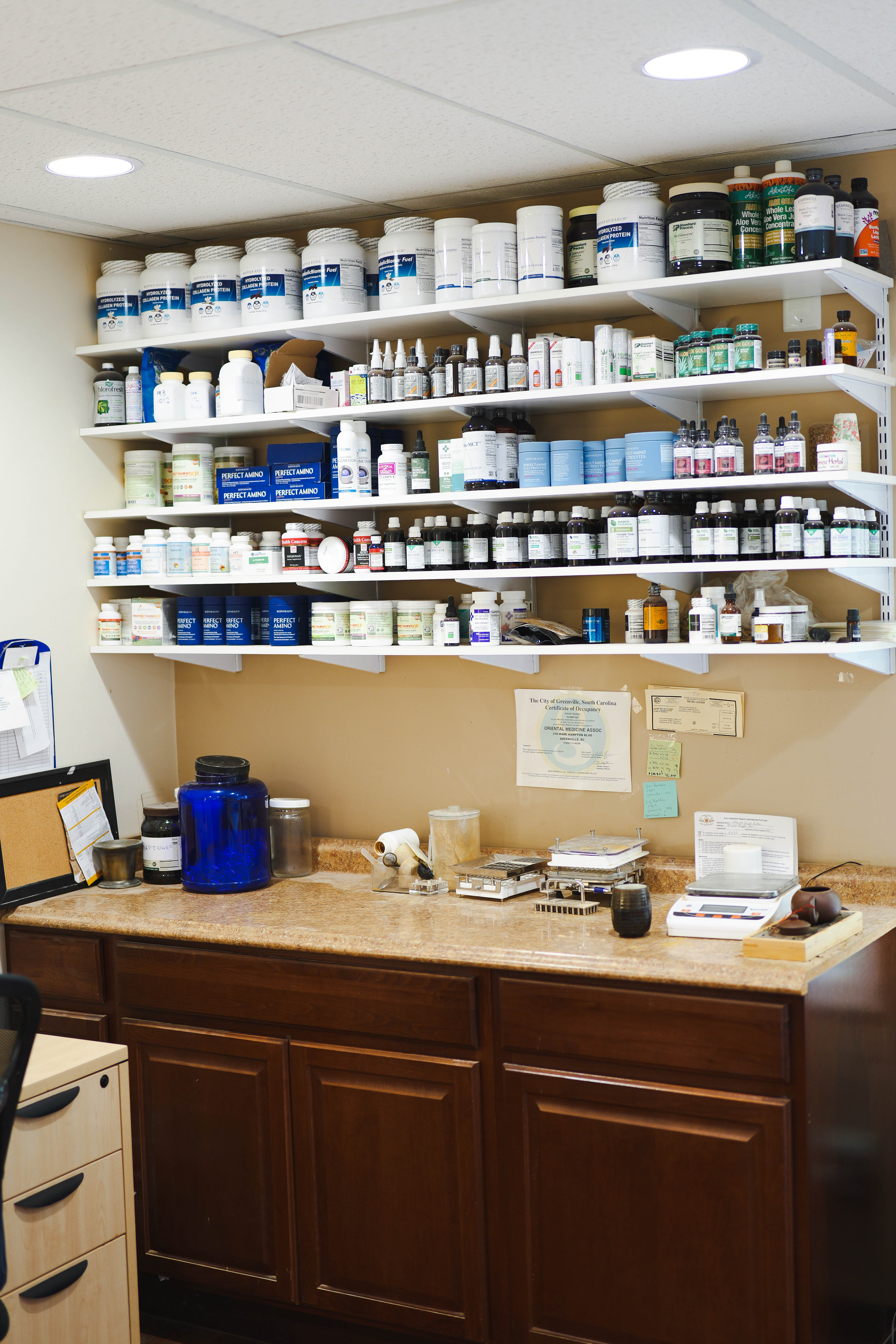 In-house herbal pharmacy at IHP Greenville stocked with professional-grade herbs, supplements, and botanical formulas